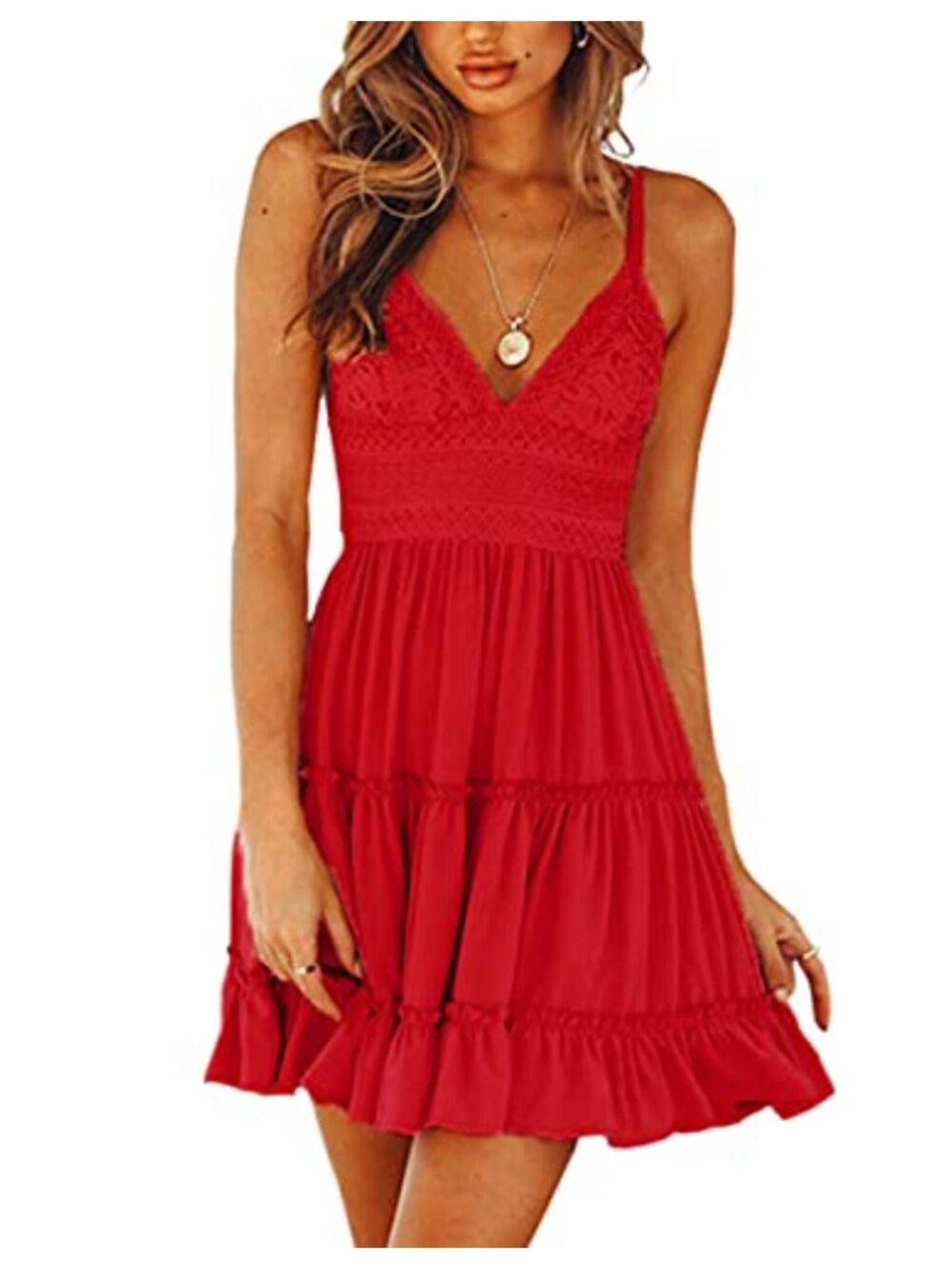 Women's Summer Mini Dress Spaghetti Strap V-Neck Backless Lace Swing Skater